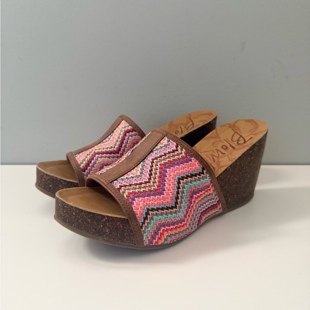 Blowfish Malibu Wedge Sandals 7.5 Multicolor Chevron Slide Cork Platform